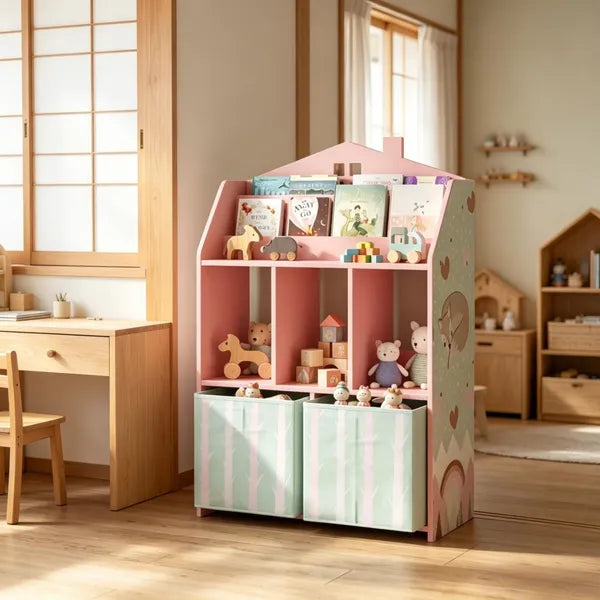 Kids Book Shelf with Drawers - House Shape, Pink