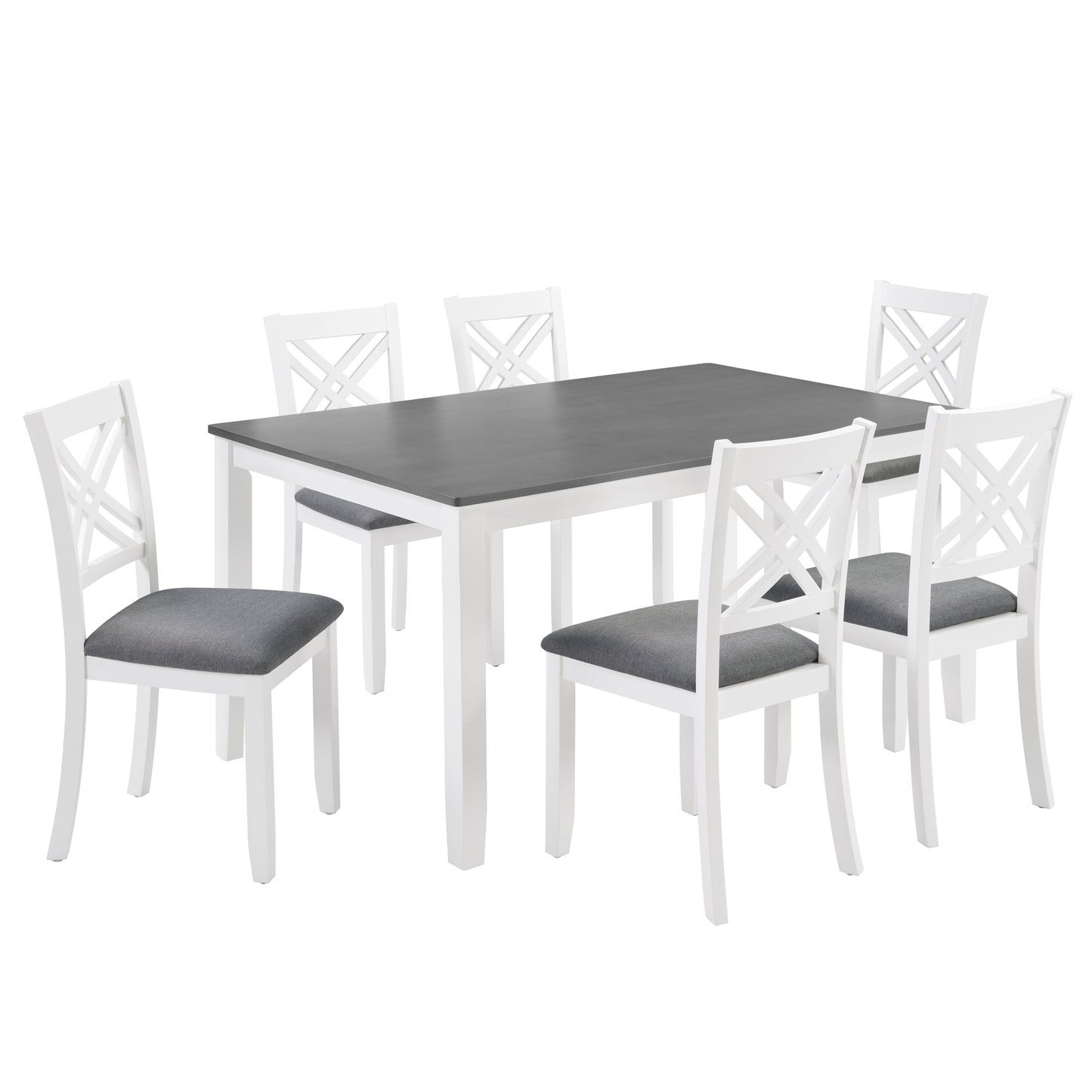 7-Piece Solid Wood Dining Set with 6 Upholstered Chairs - Grey & White
