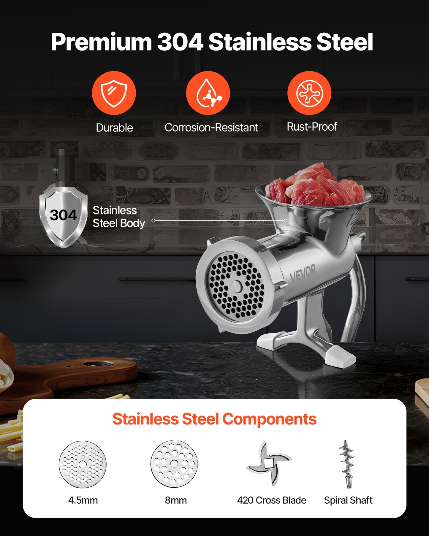 Manual Meat Grinder - 304 Stainless Steel with Sausage Maker