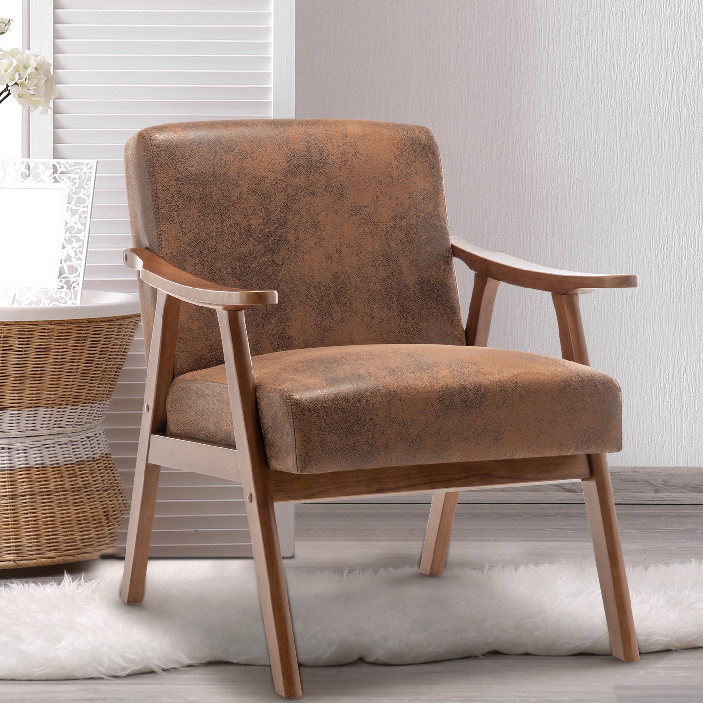 Mid-Century Modern Accent Chair with Solid Wood Frame - Brown