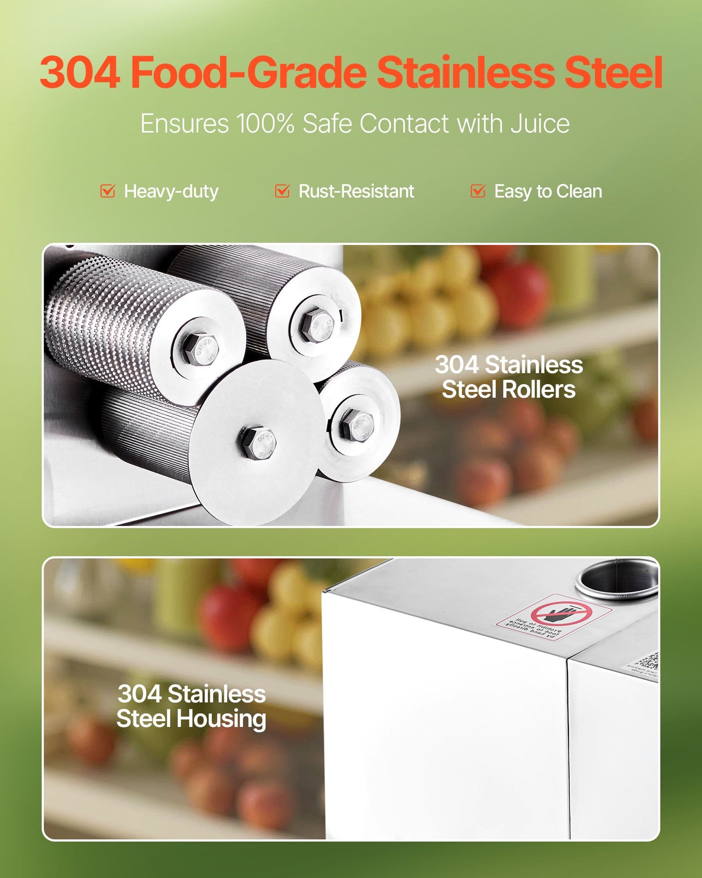 800W Commercial Sugar Cane Juicer - 661Lbs/H, 4 Rollers, 2.4-Inch Inlet, Stainless Steel