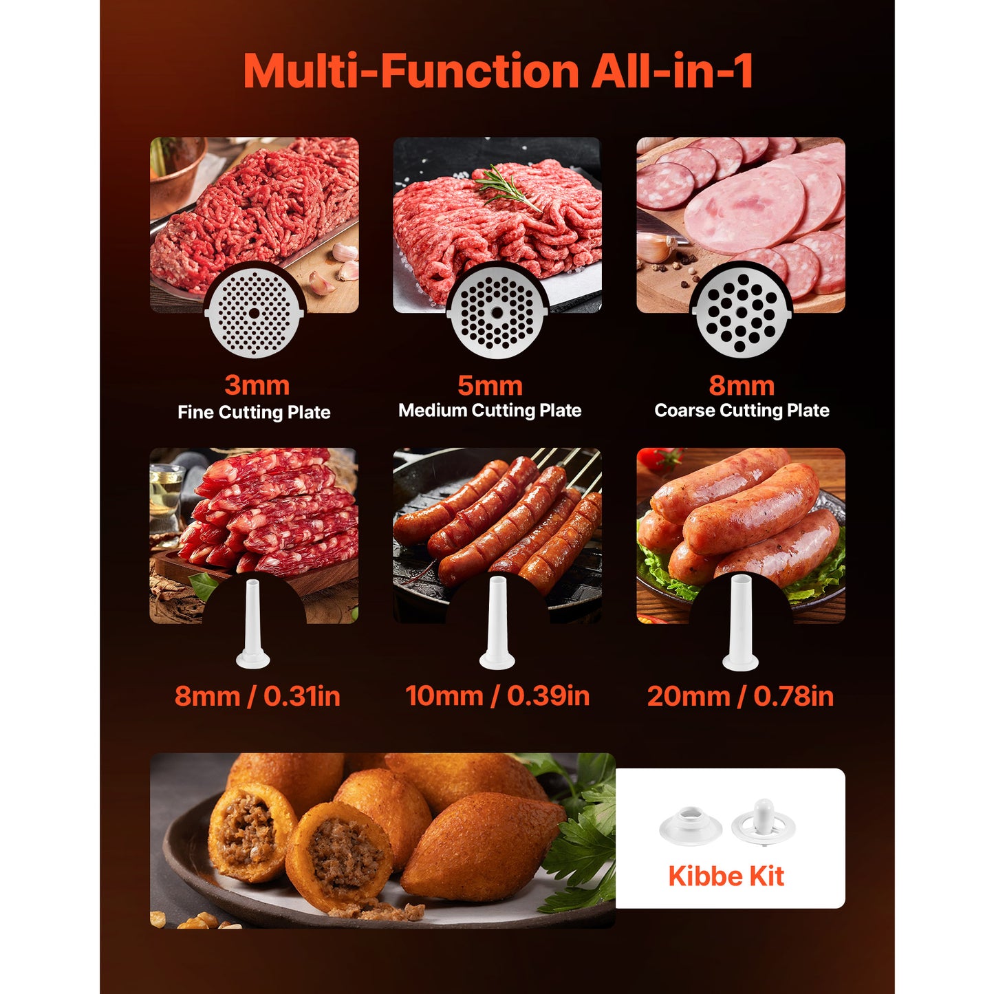 Electric Meat Grinder 700W 5 Lb Capacity with Sausage & Kubbe Kits