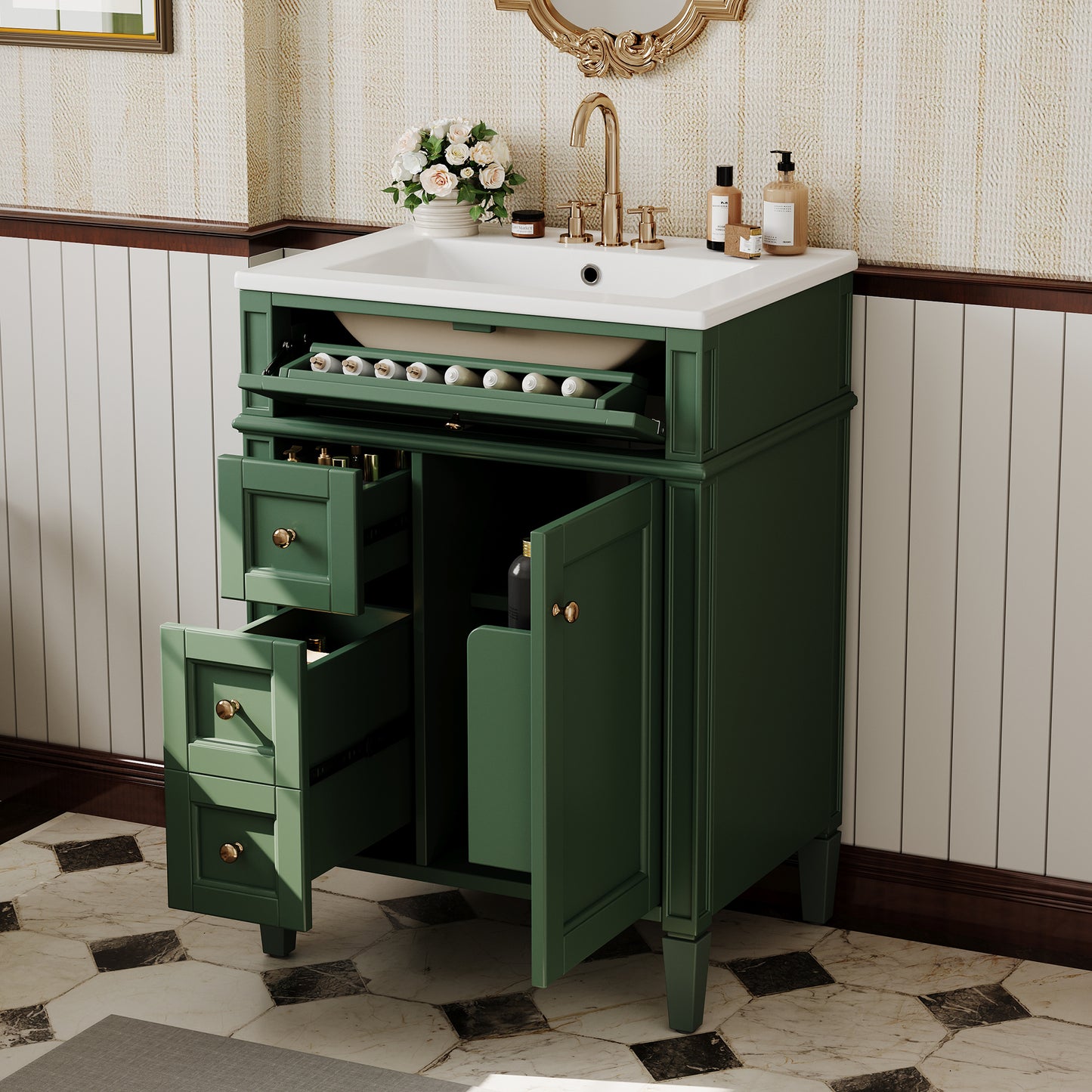 24'' Green Bathroom Vanity with Ceramic Sink & Storage Drawers