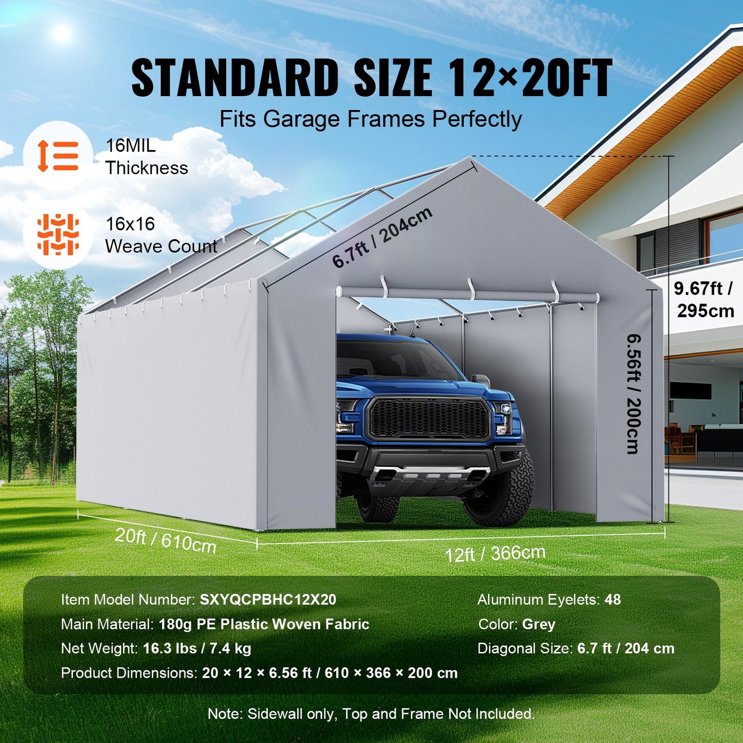 12x20 Ft Waterproof UV-Resistant Side Canopy Wall for Garage Shelter - Grey