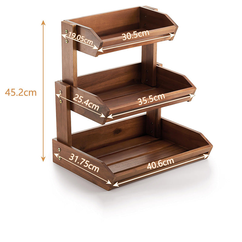 European-Style Teak Wood Double-Tier Fruit Rack for Kitchen Storage