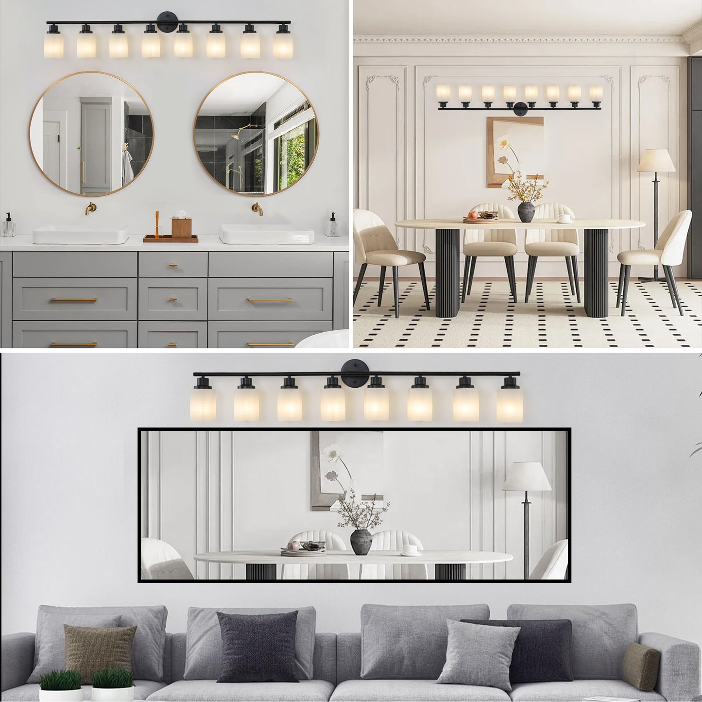 Modern 8-Light Vanity Wall Sconce - Frosted Glass & Black Frame