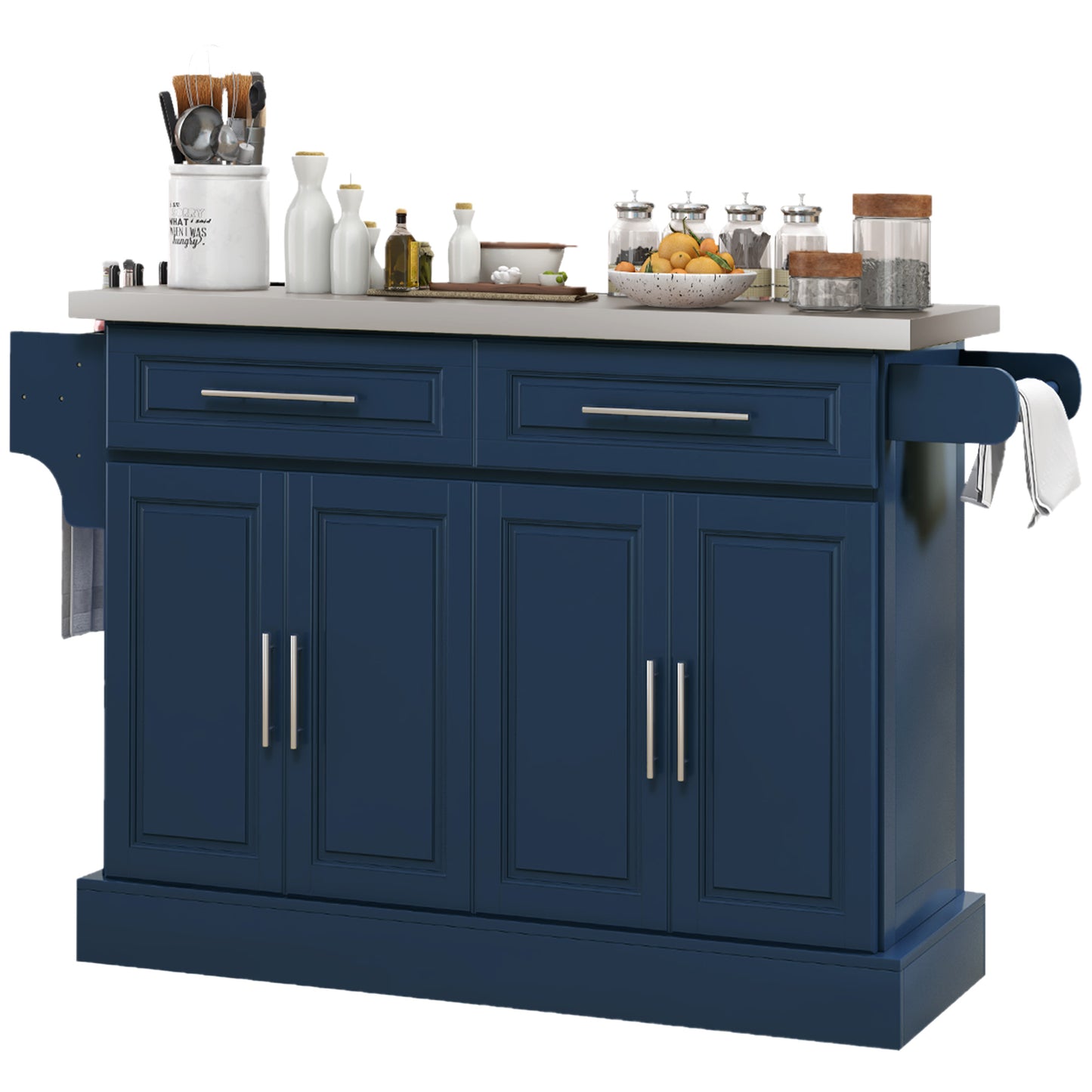 Rolling Kitchen Island with Stainless Steel Top & Drawers - Navy Blue