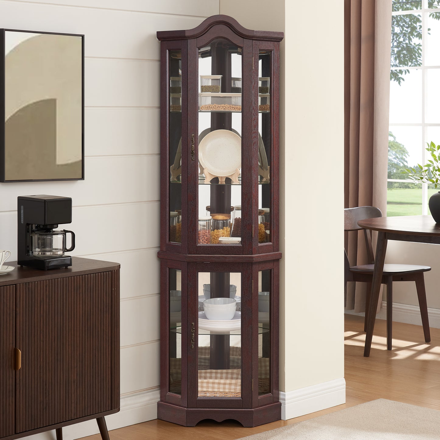 Lighted Corner Curio Cabinet With Tempered Glass Doors & Shelves -