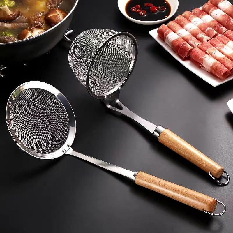 304 Stainless Steel Kitchen Colander & Rice Noodle Skimmer with Wooden Handle
