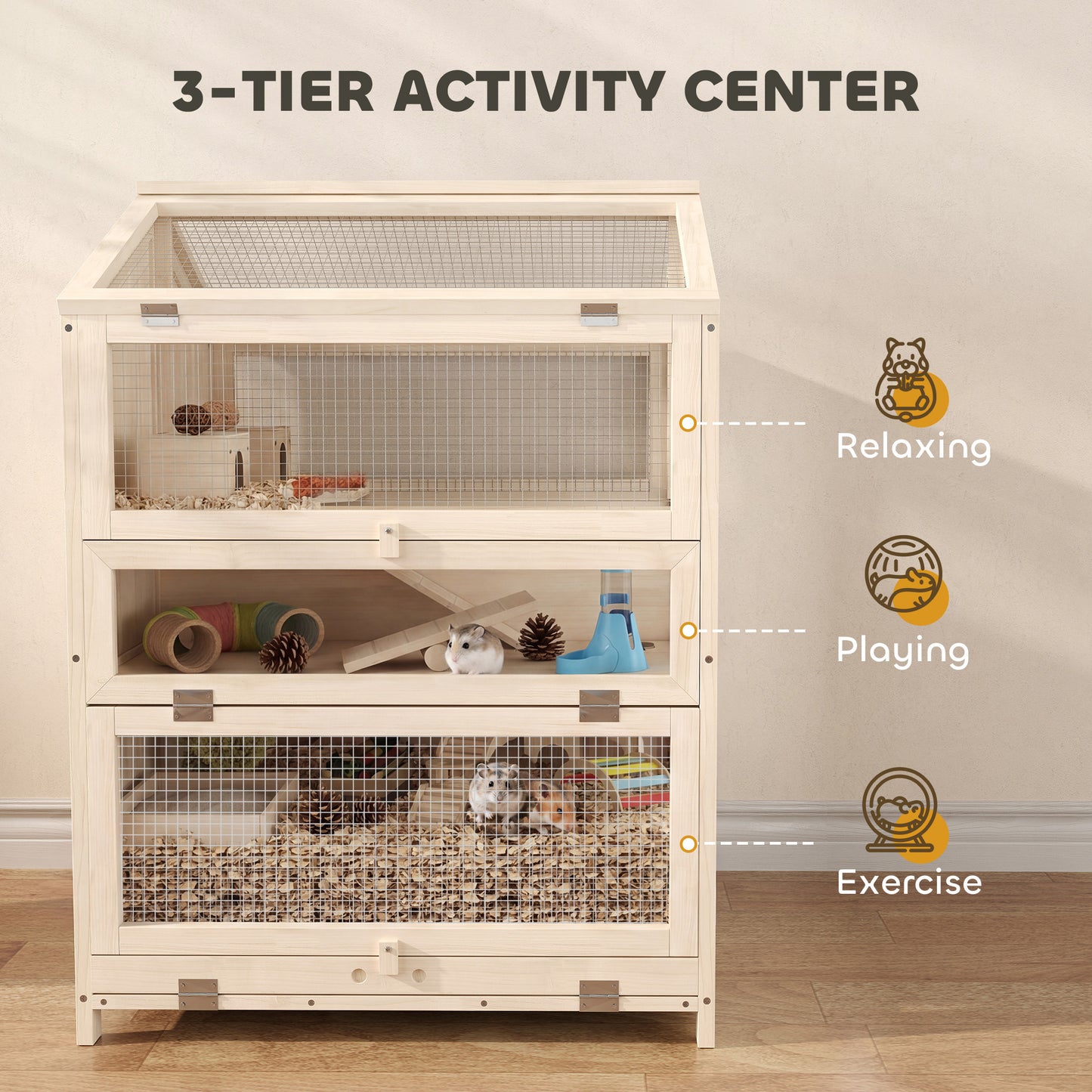 Large Wooden Hamster Cage 3-Tier with Pull-Out Tray & Openable Top