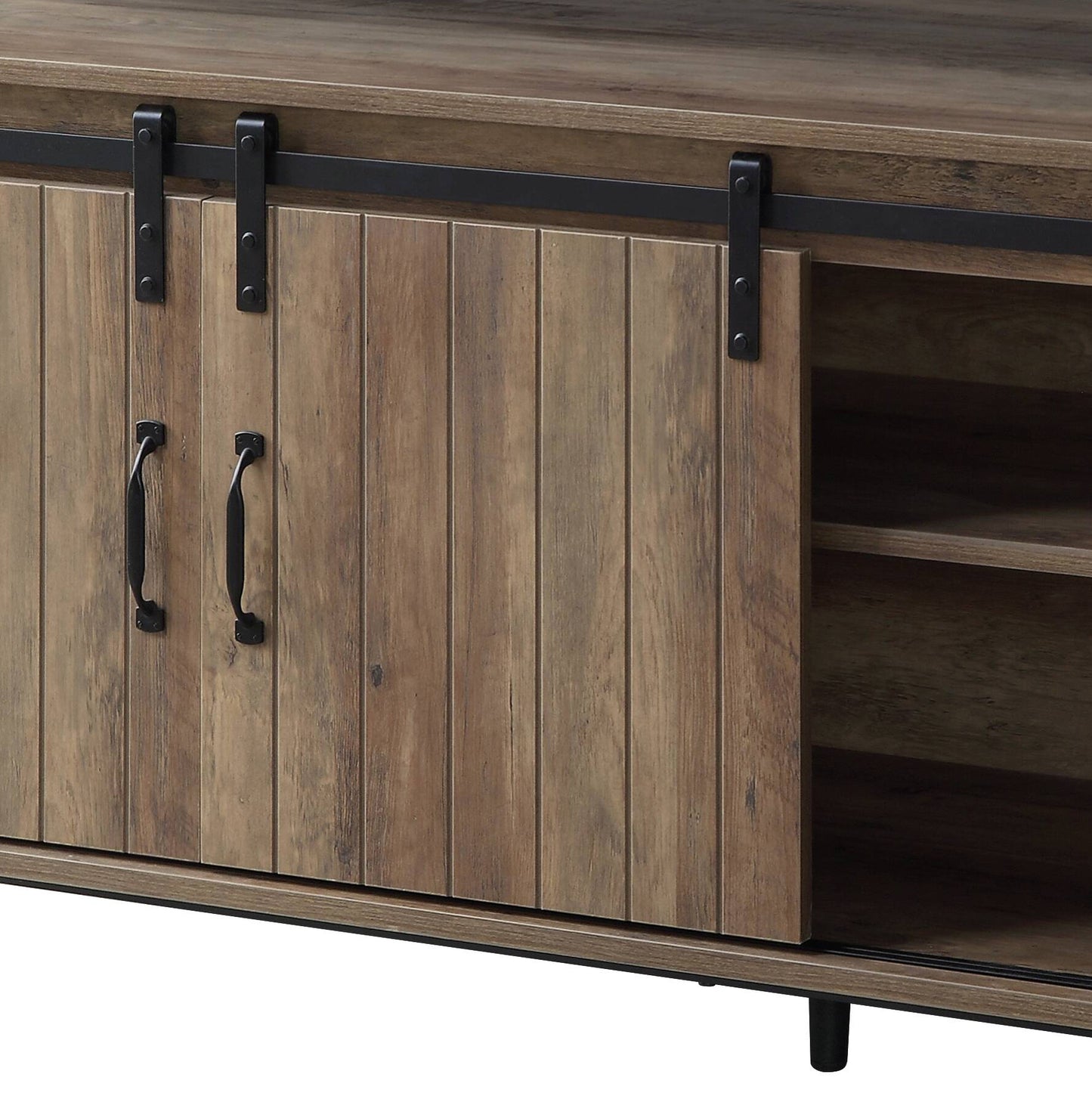Rustic Oak & Black TV Stand with Sliding Barn Doors