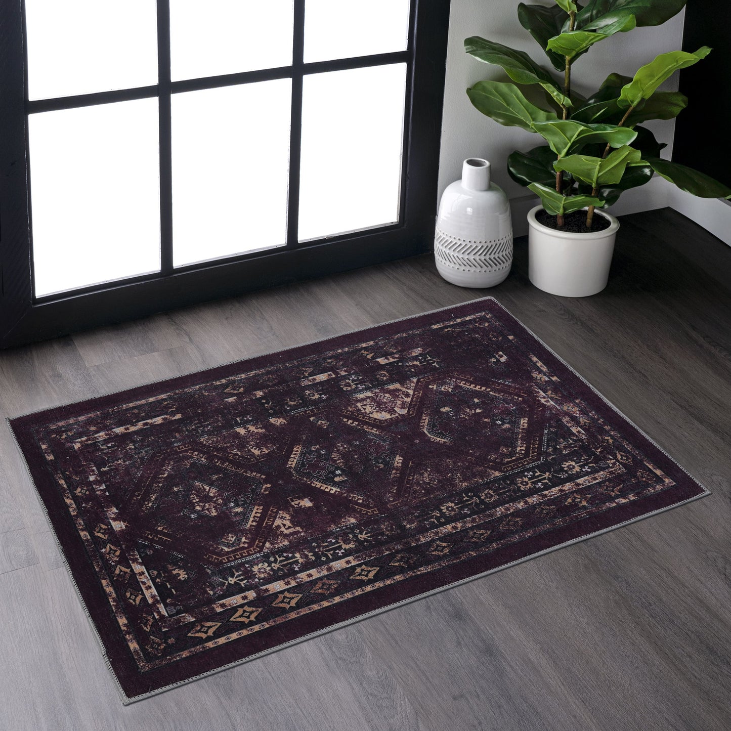MAVAL Black Washable Rug 2' X 3' Doormat Burgundy,