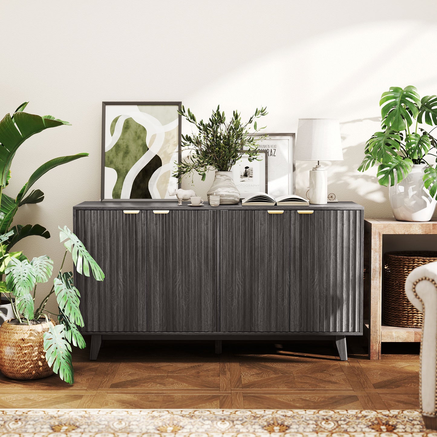 Fluted Buffet Cabinet - 55" Dark Gray with 4 Doors & Adjustable Shelves