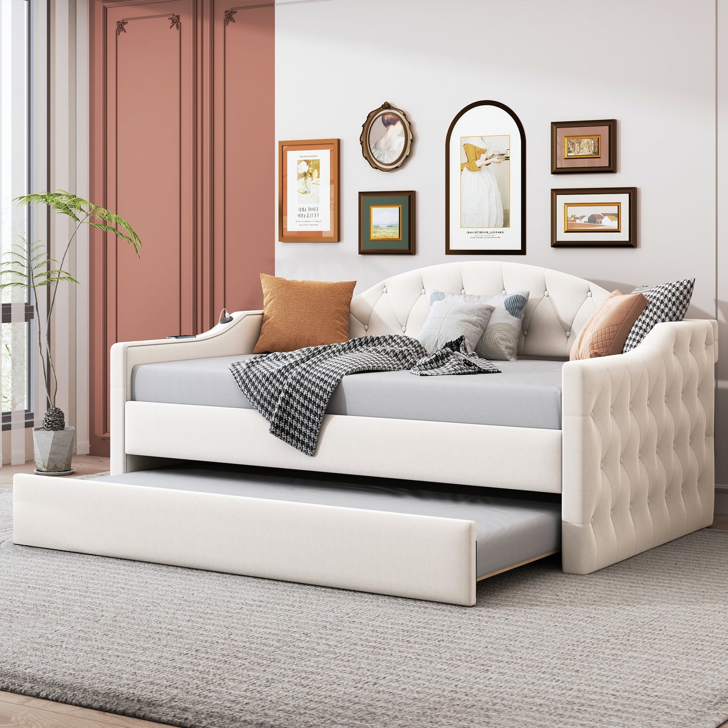 Twin Size Tufted Upholstered Daybed With Trundle ,Velvet Sofabed