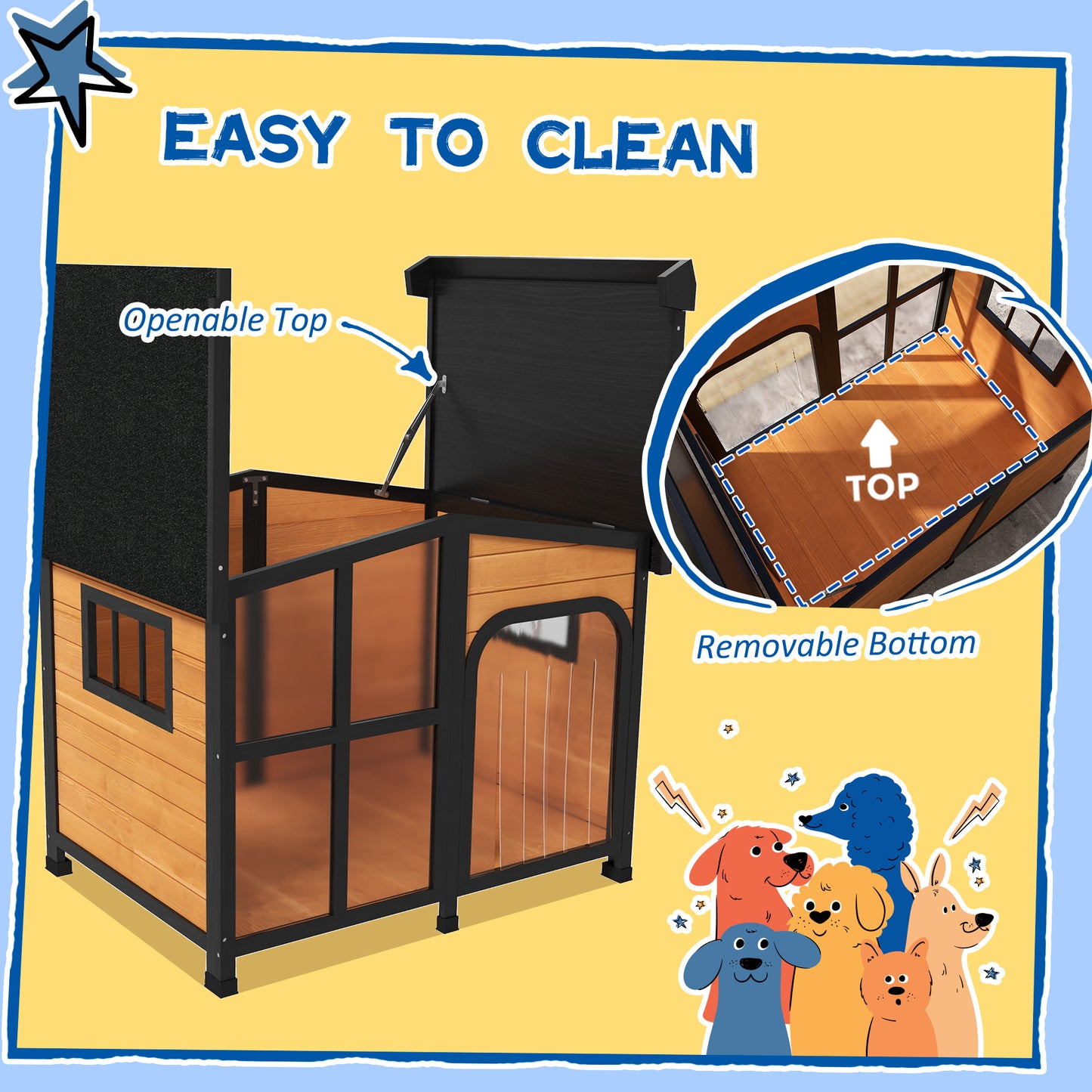 Large Wooden Dog House with Openable Roof and Window - Weatherproof Pet Shelter