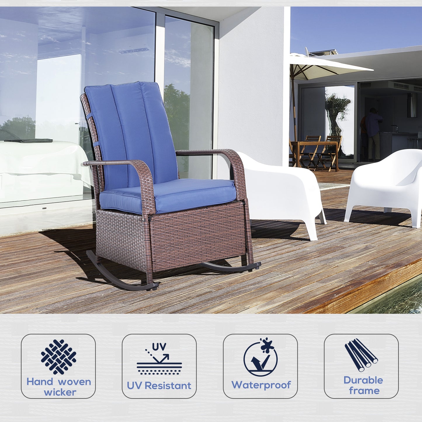 Outdoor Rattan Wicker Rocking Chair with Cushion & Footrest