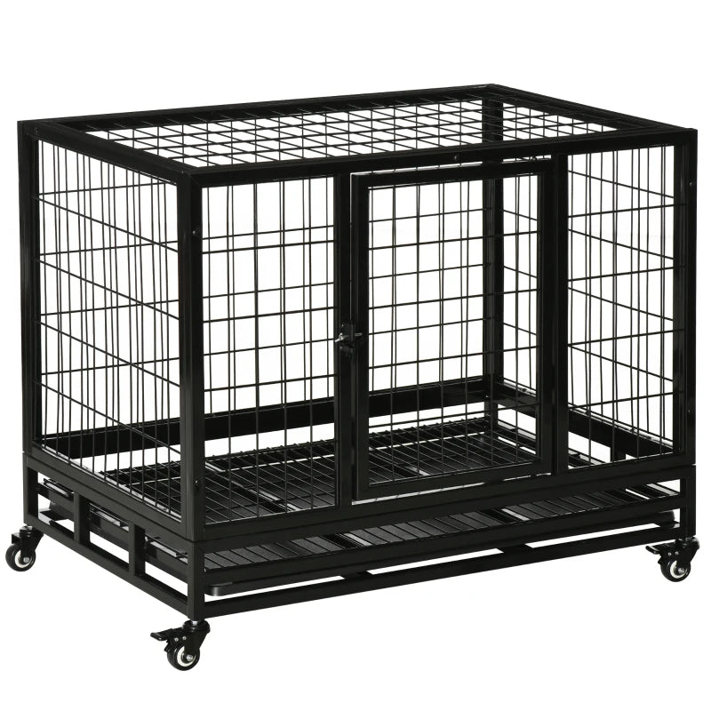Heavy Duty Dog Crate with Removable Tray & Lockable Wheels - Medium & Large Pets, Black