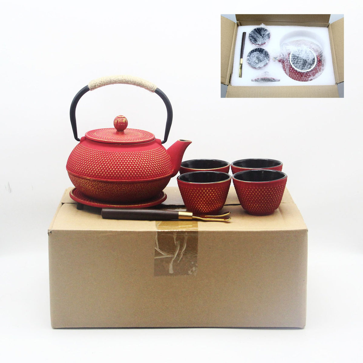 800ml Cast Iron Enamel Kettle Set with Cups and Utensils - Anti-Rust Nordic Style