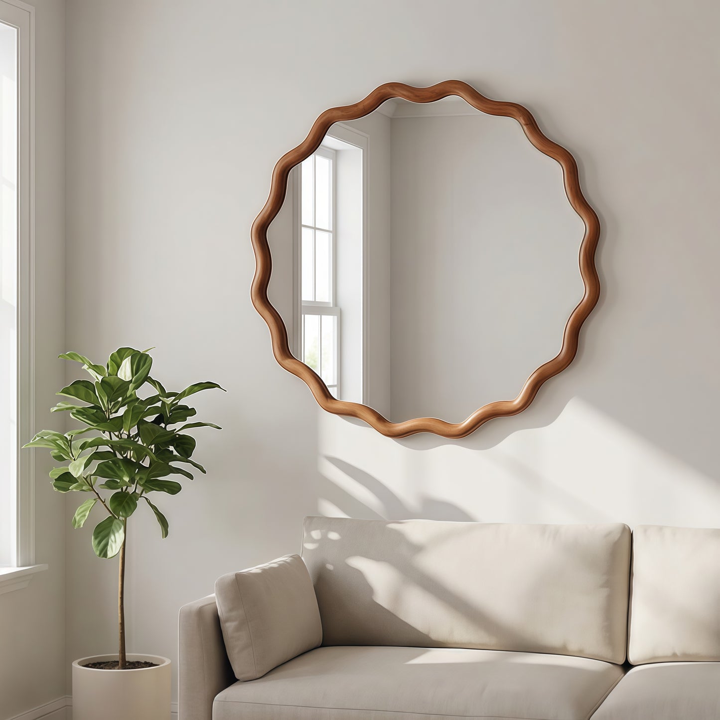 24-Inch Wavy Round Solid Wood Frame Decorative Mirror - Yellowish Brown