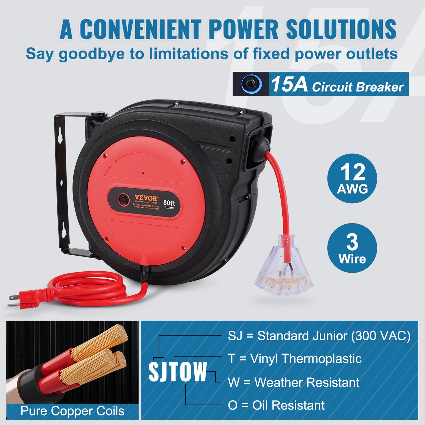 Heavy Duty Retractable Extension Cord Reel 80FT 12AWG Water-Resistant Power Cord