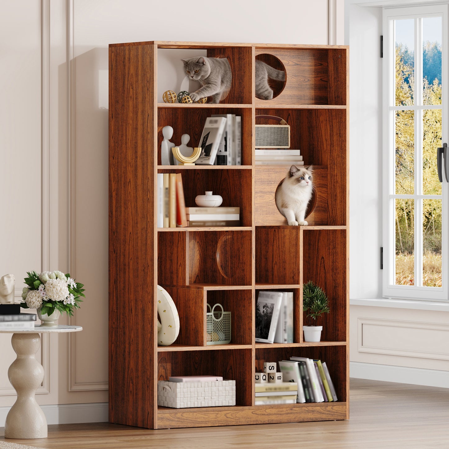 Modern 2 IN 1 Wood Bookshelf Cat House, Tree Display Case With