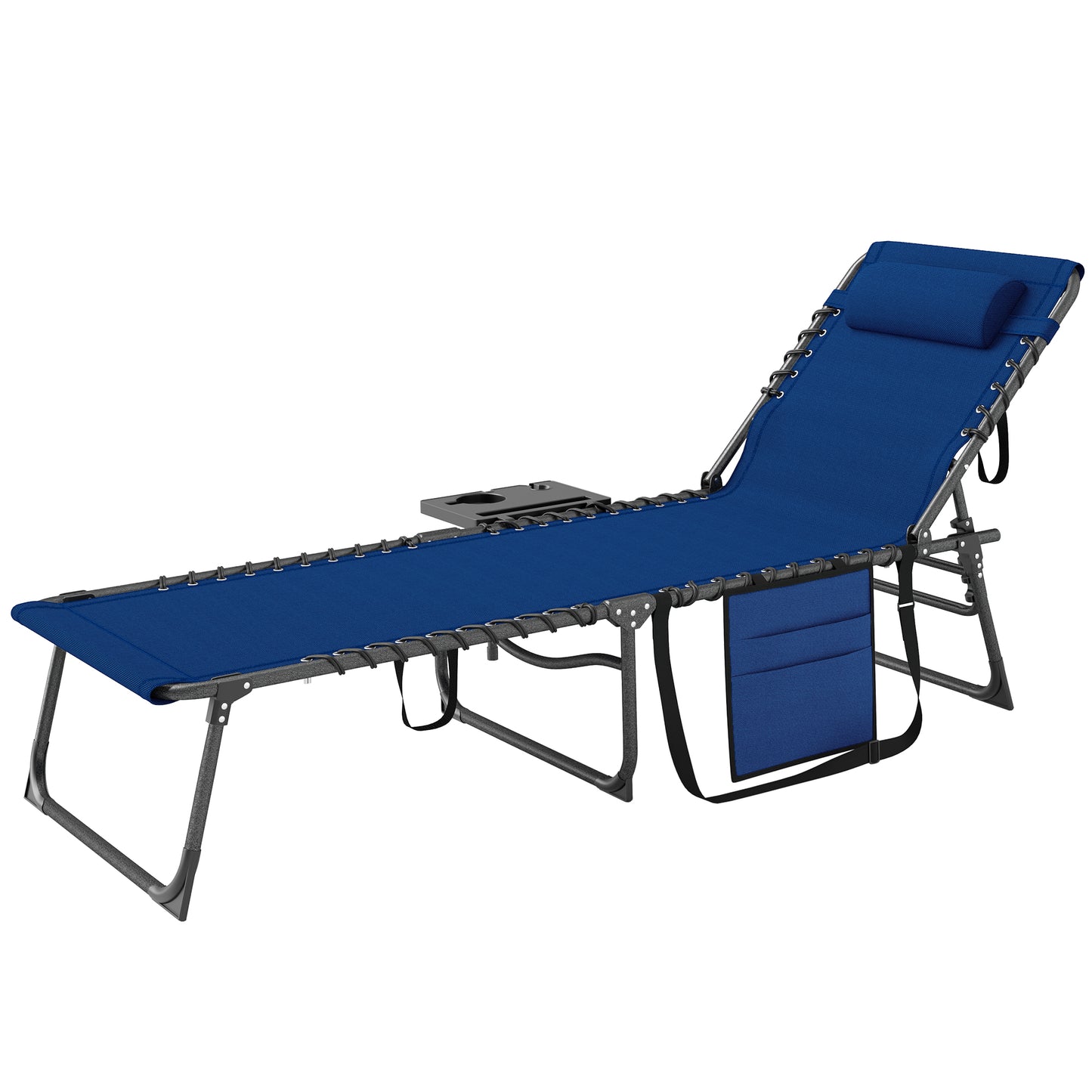 Folding Chaise Lounge Chair with Adjustable Back & Side Table - Dark Blue
