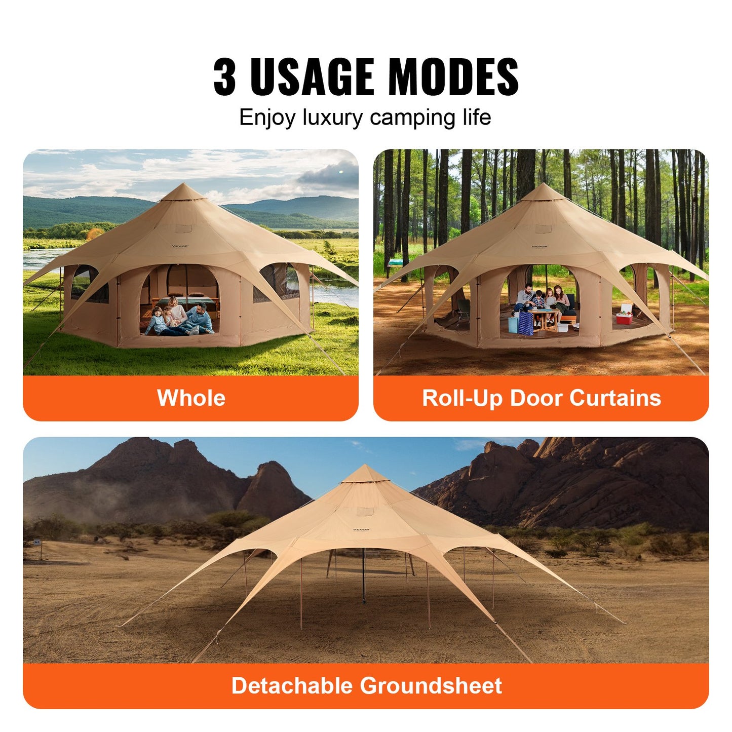 4-Season Canvas Bell Tent 5m/16.4ft for Camping & Family Outdoor Use with Stove Jack