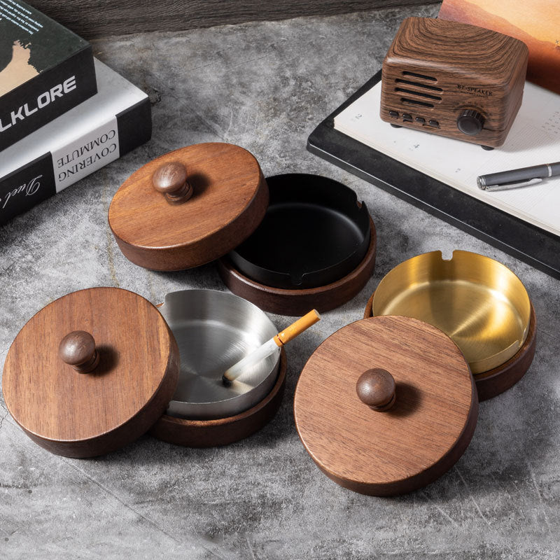 Unique Wooden Walnut Ashtray with Lid - Multiple Colors