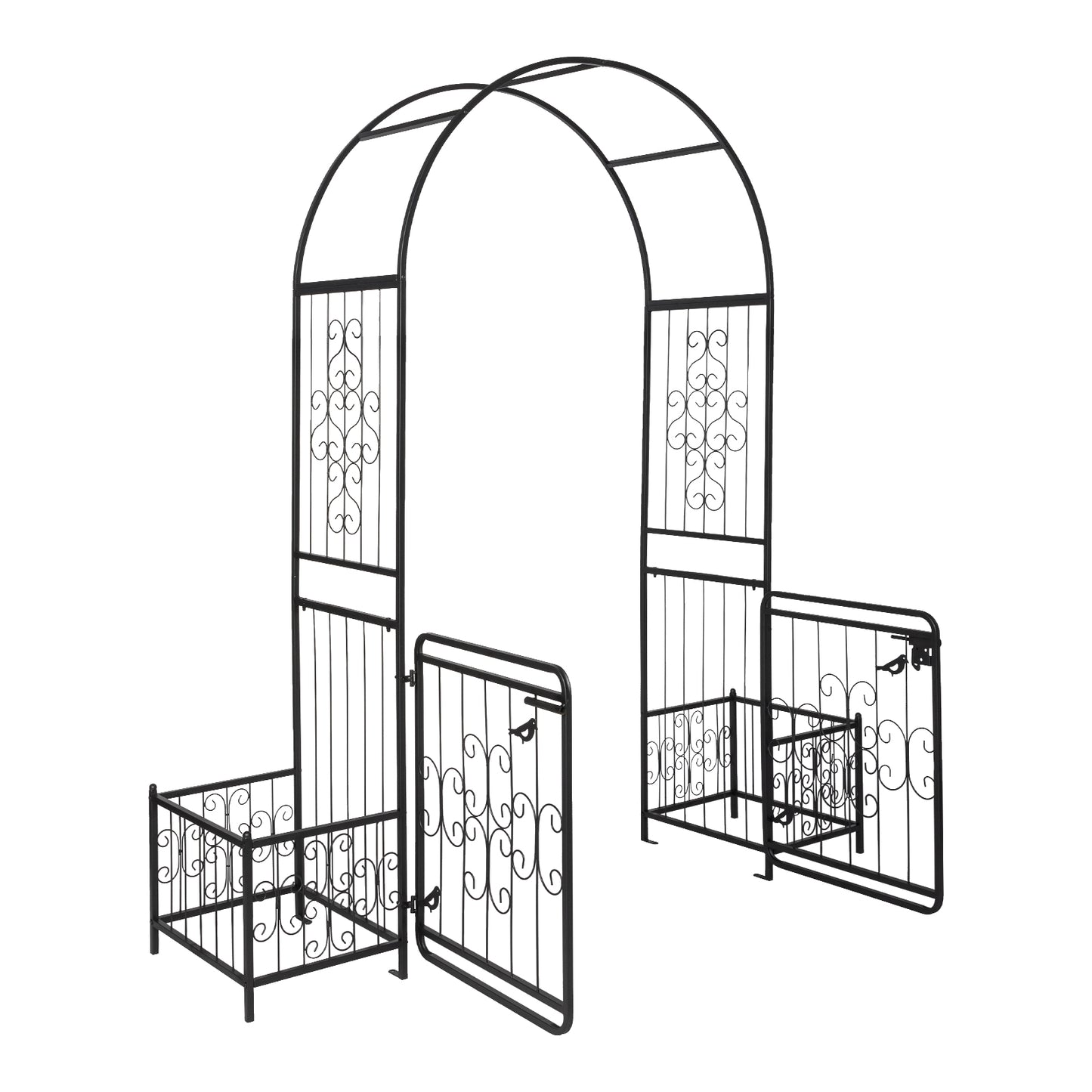 Garden Arbor Arch with Gate and Planter Box - Black Iron Support for Climbing Plants