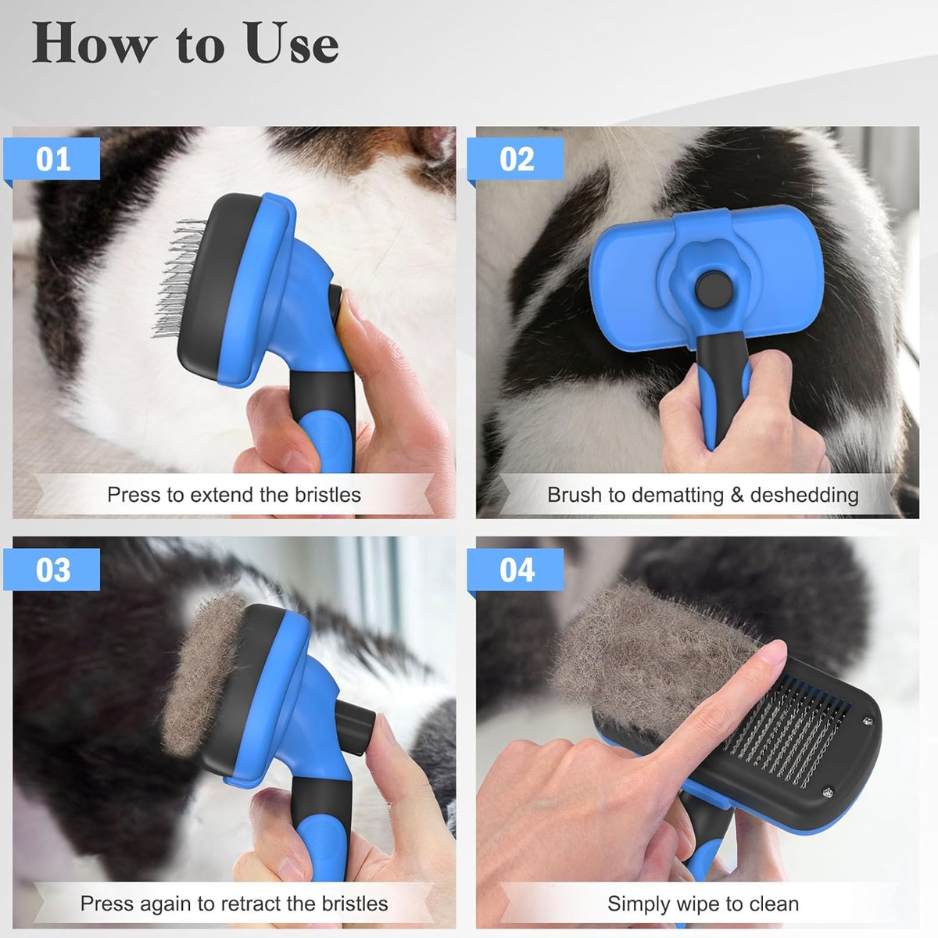 Self Cleaning Slicker Brush for Dogs & Cats - Gentle Deshedding Grooming Tool - Blue