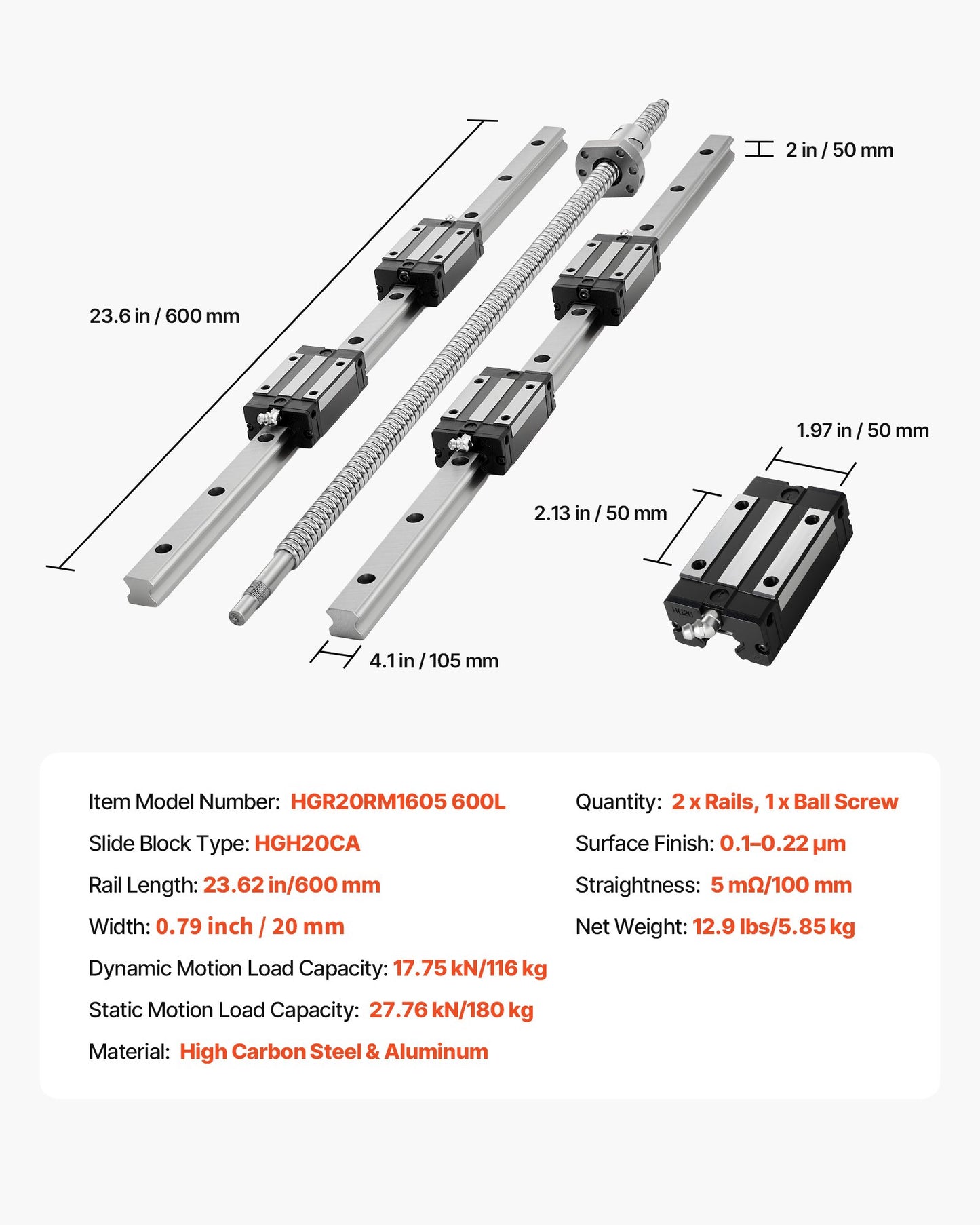 Linear Rail Guide Kit 600mm for CNC Machines & 3D Printers - Includes Ball Screw & Blocks