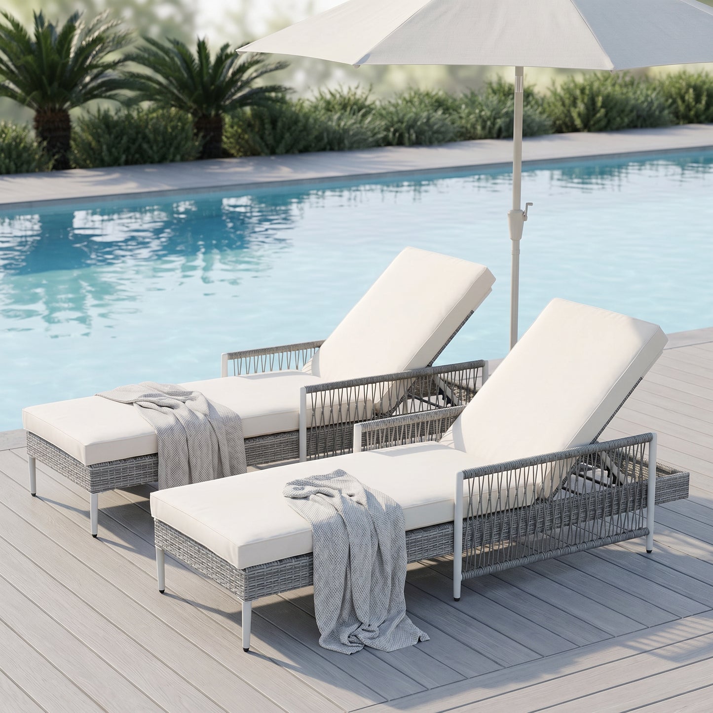 Outdoor PE Rattan Chaise Lounge Chair Set of 2 - Grey