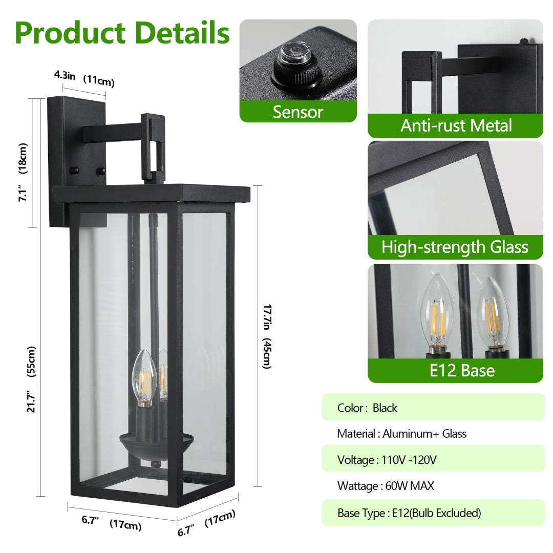 Outdoor Wall Lantern with Dusk to Dawn Sensor - Matte Black