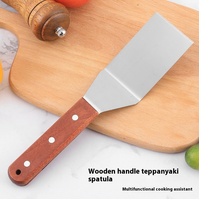 Wooden Handle Teppanyaki Steak Shovel Spatula Flat Mouth Cooking Tool