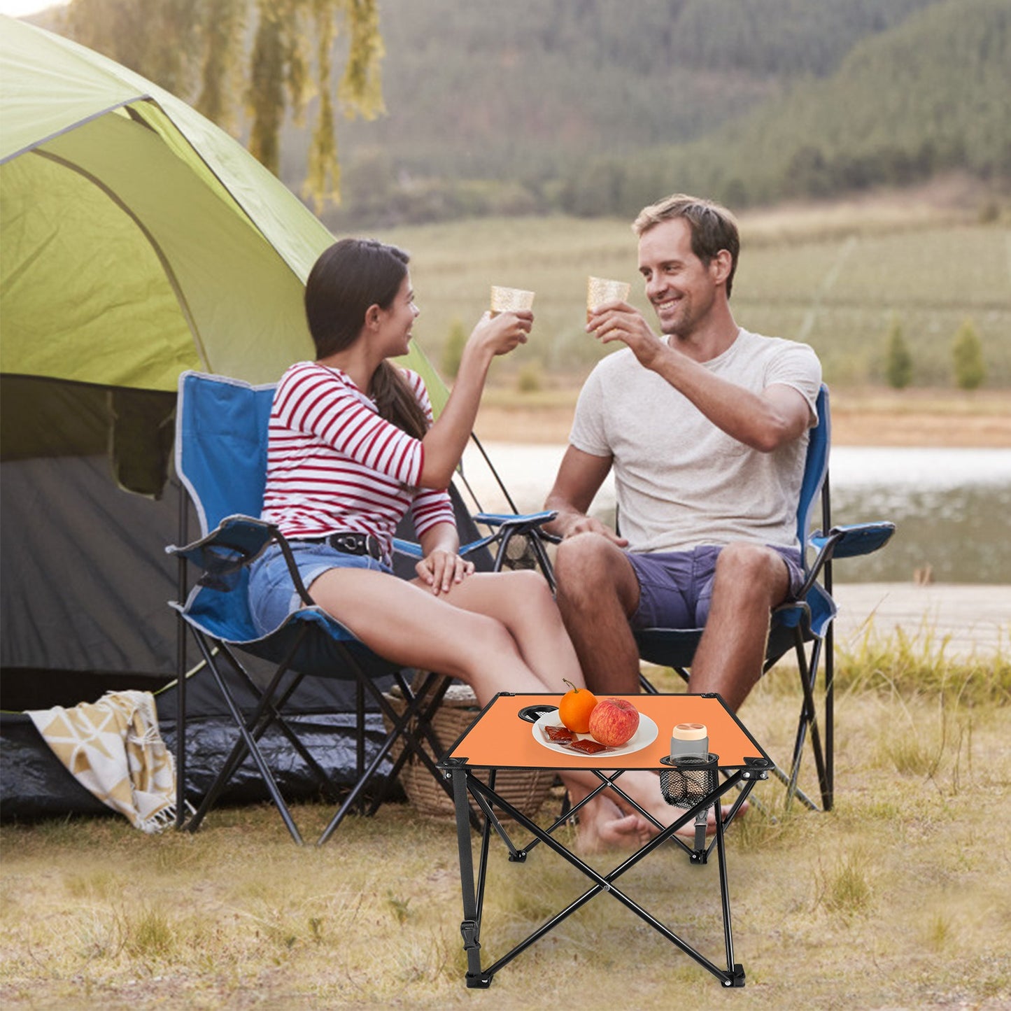 Portable Folding Camping Table with Cup Holders - Multiple Colors & Sets