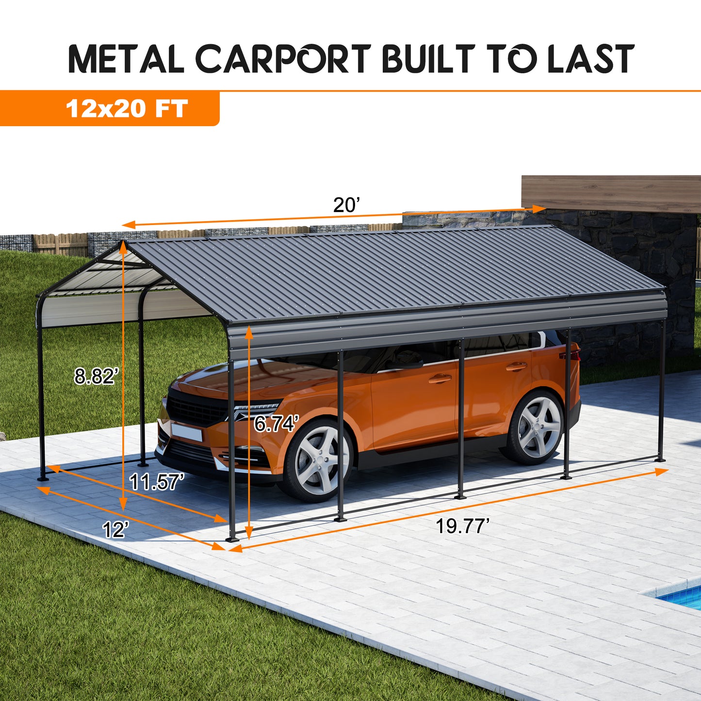 12X20 FT Metal Carport, Outdoor Car Shelter All Weather, Heavy Duty