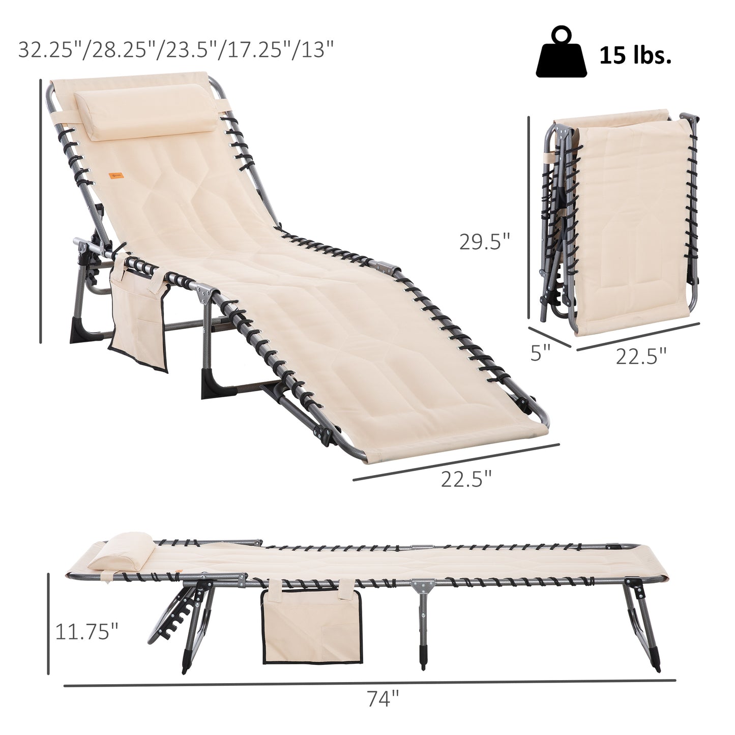 Padded Folding Chaise Lounge Chair - 6-Level Reclining Beach Chair