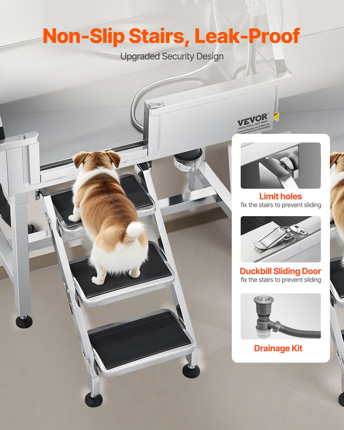 34-Inch Stainless Steel Dog Grooming Tub with Shower Faucet and Non-Slip Stairs