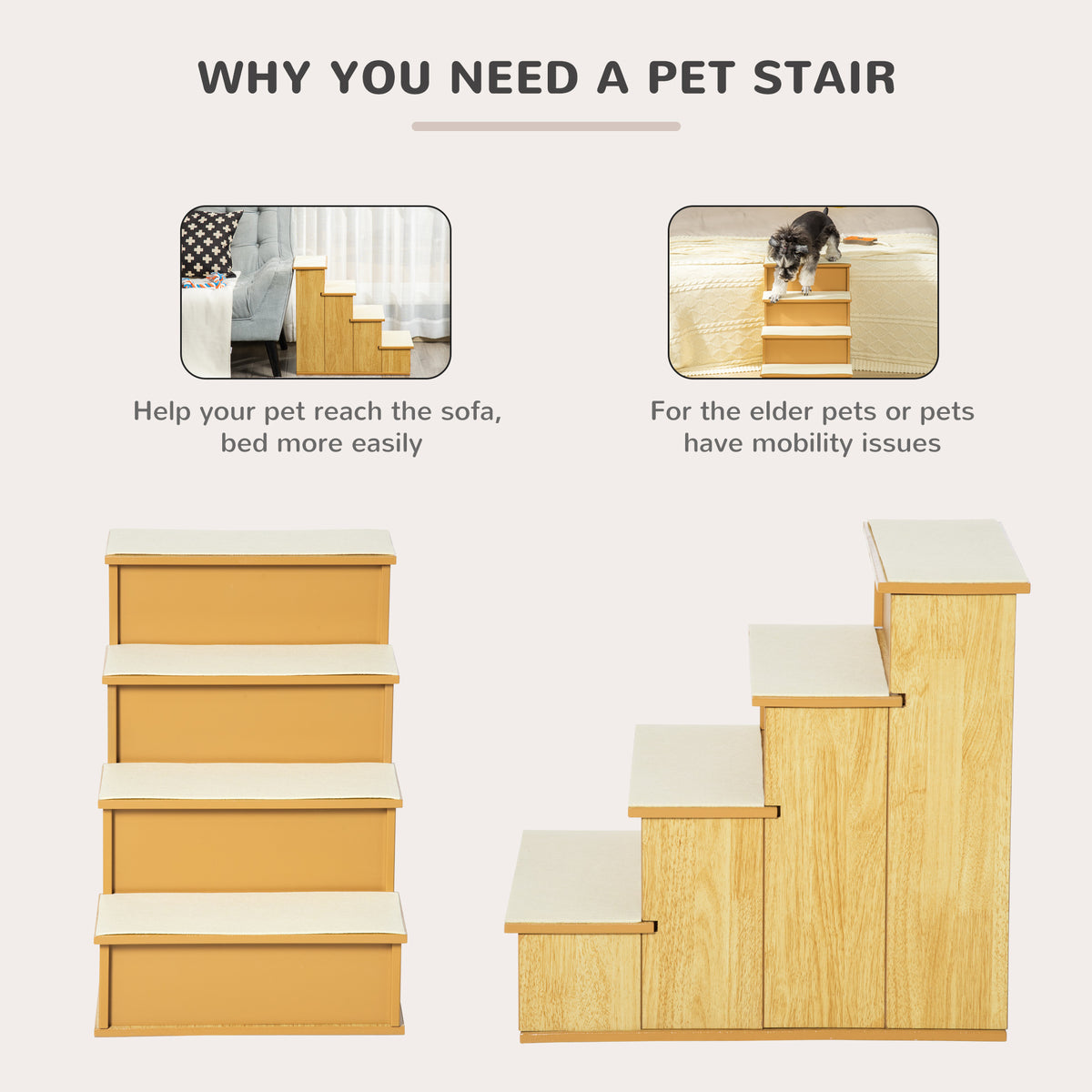 Small Pet Stairs with Cushioned Cover for Dogs & Cats Up to 22 lbs - Natural Wood