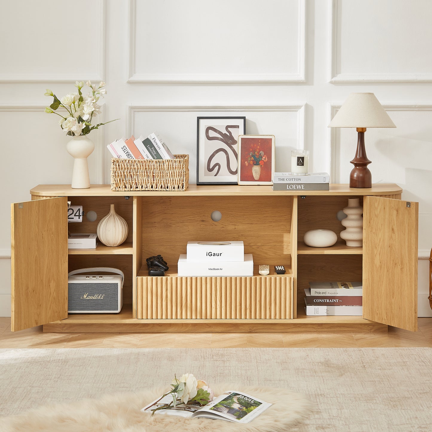64-Inch Wavy TV Stand - Modern Storage Cabinet in Natural