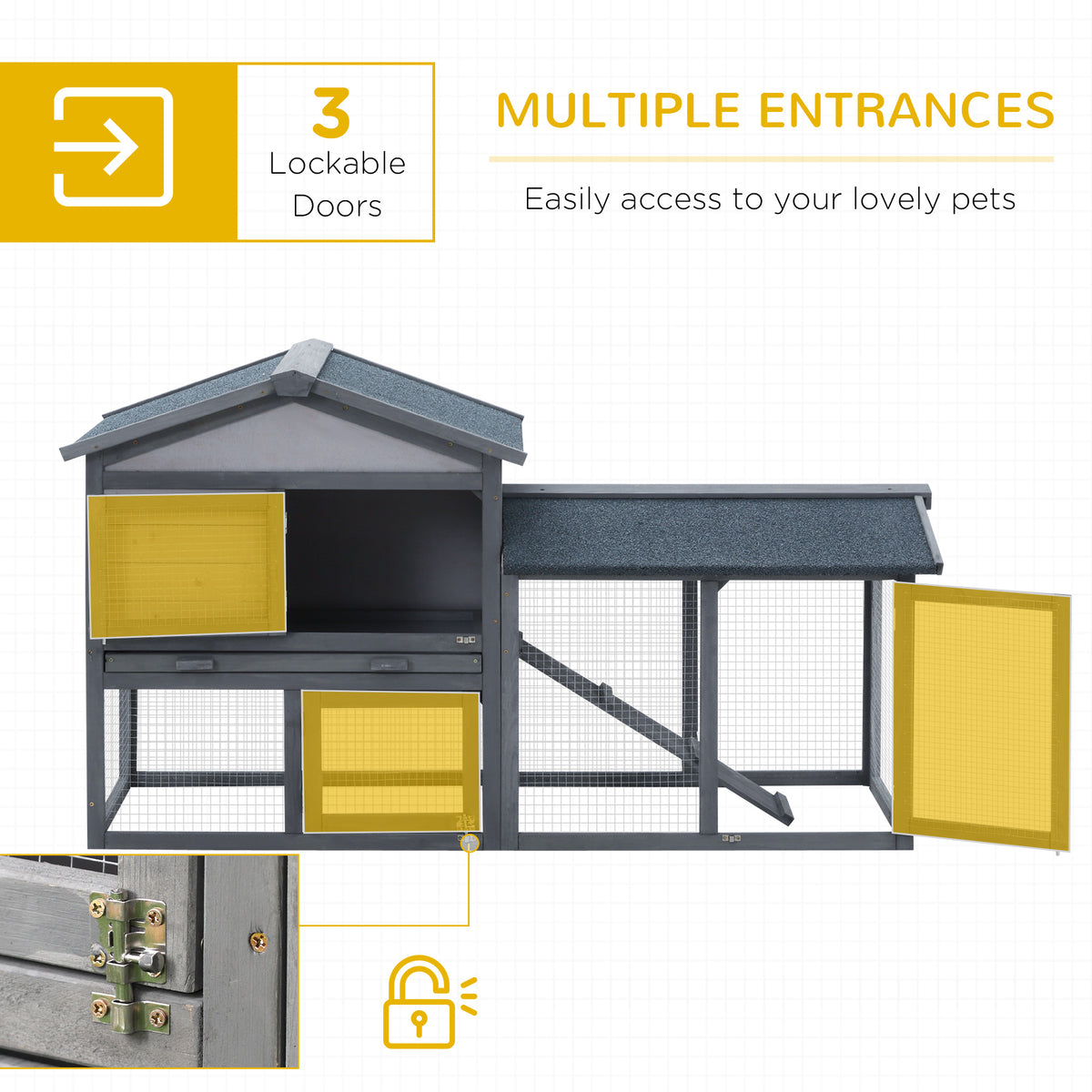 Outdoor Wooden Bunny Hutch with Run Area and Removable Tray - Gray
