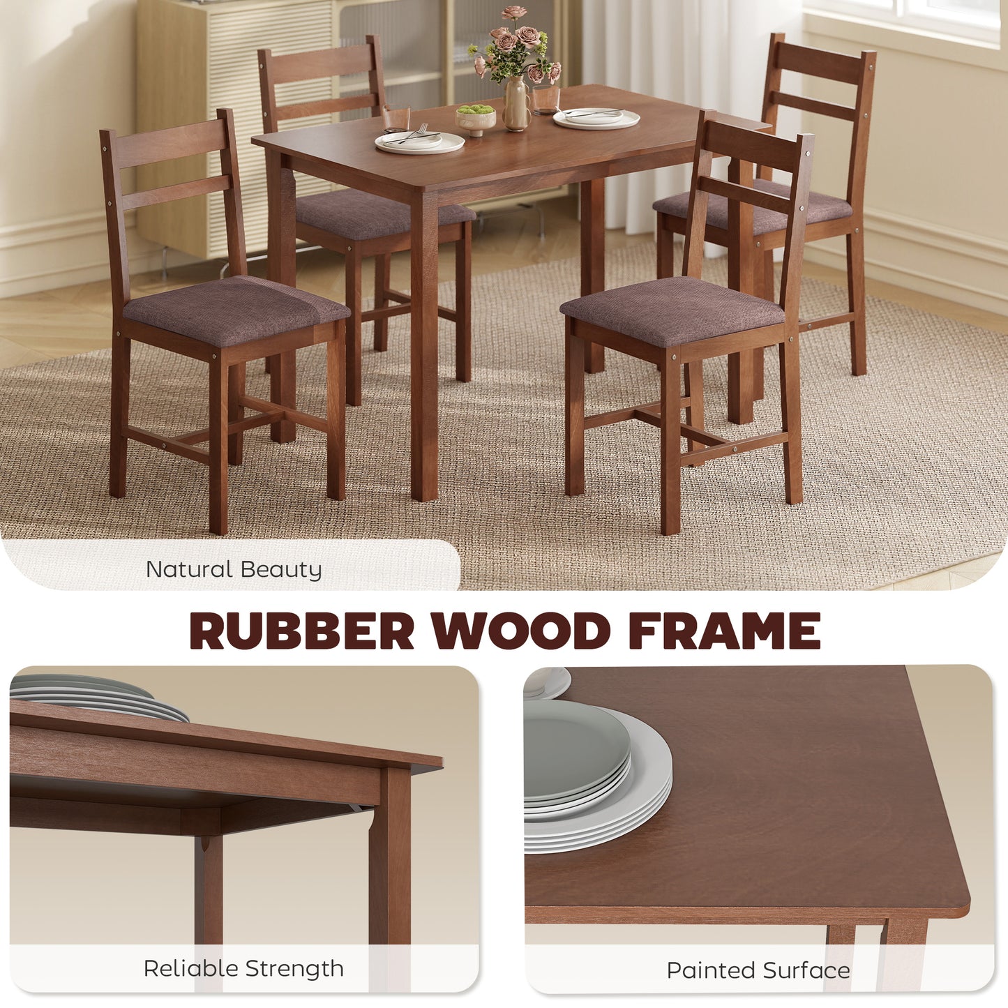 5-Piece Solid Wood Dining Table Set for 4, Farmhouse Kitchen with
