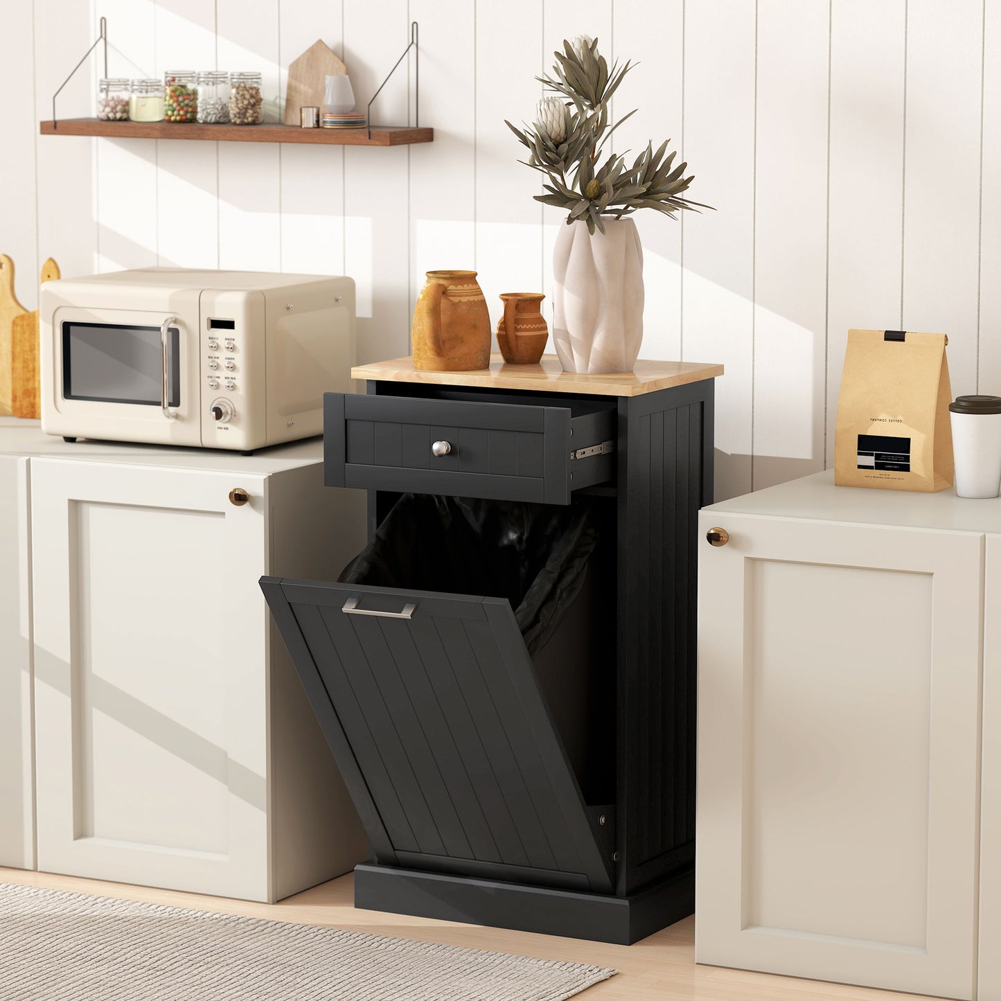Tilt-Out Trash Cabinet with Storage Drawer - Black