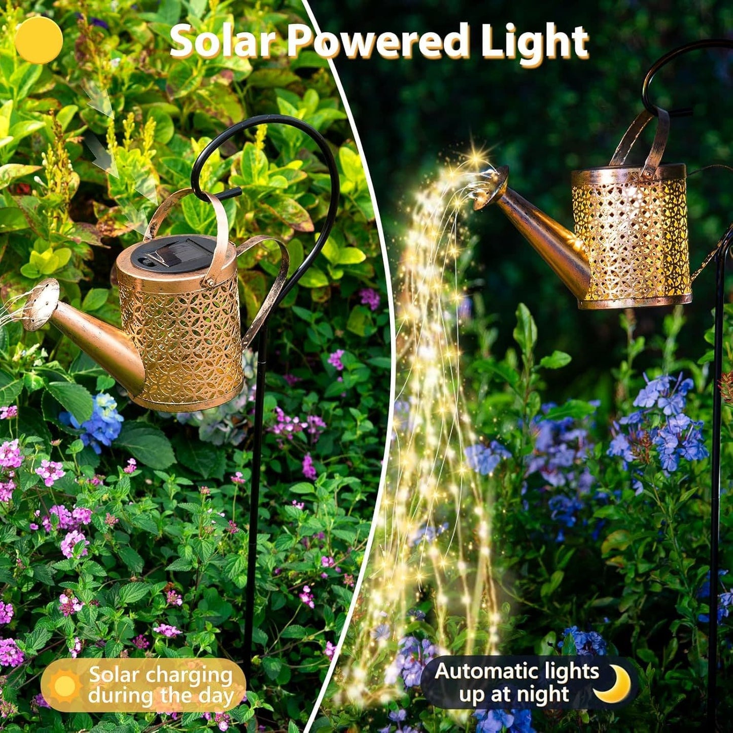 Outdoor Solar Watering Can Lantern String Lights Garden Decor Waterproof Metal Kettle