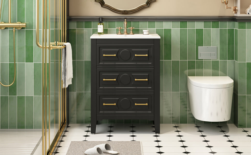 24'' Bathroom Vanity with Ceramic Sink - Black, 3 Drawers