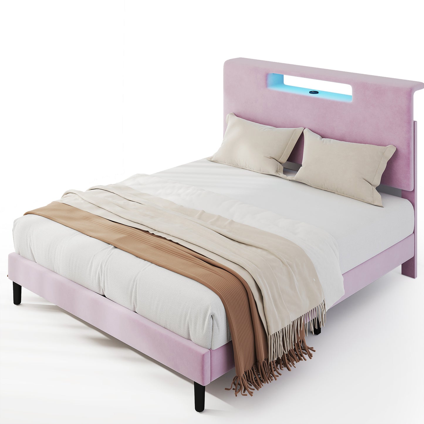 Queen Size Upholstered Bed Frame With High Headboard Adjustable LED