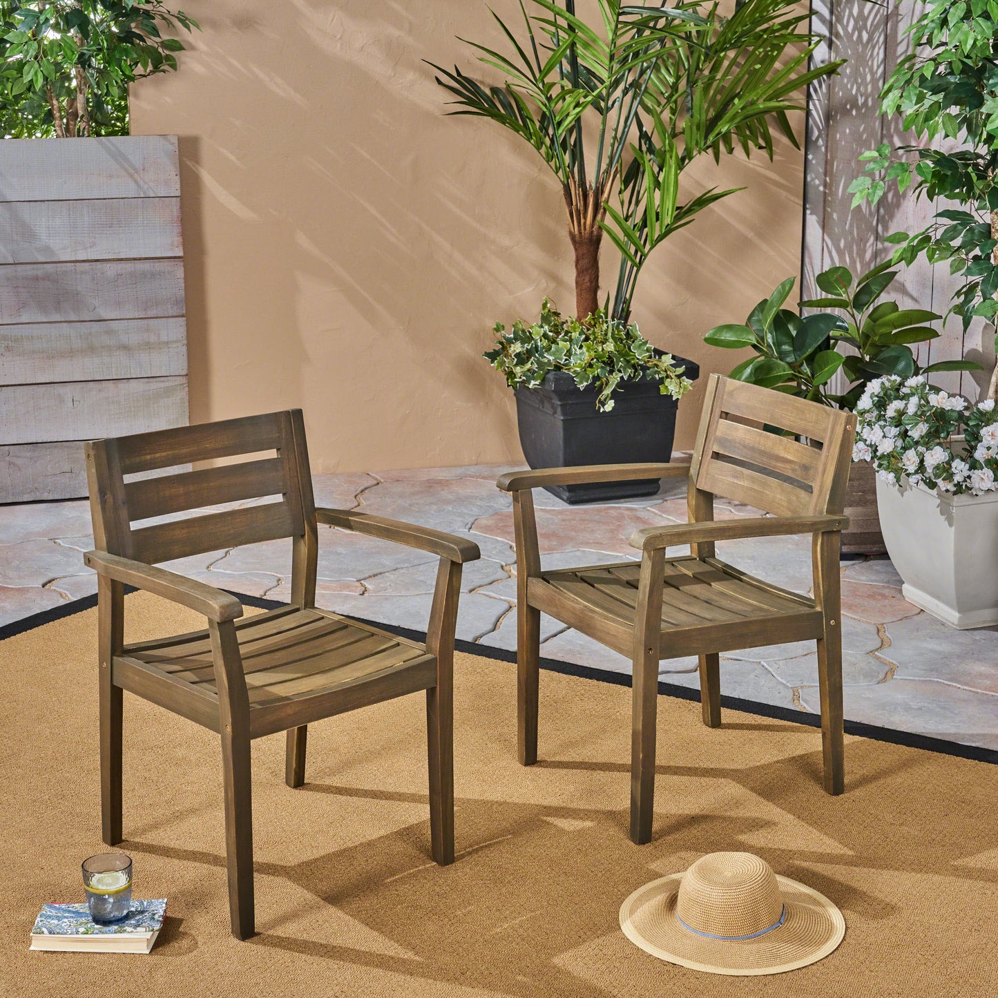 Acacia Wood Dining Chairs Set of 2 - Grey Outdoor Armchairs
