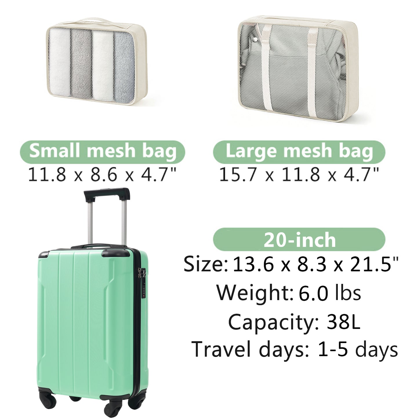 20-Inch Hardshell Carry-On Luggage with TSA Lock & Packing Cubes - Creamy Green