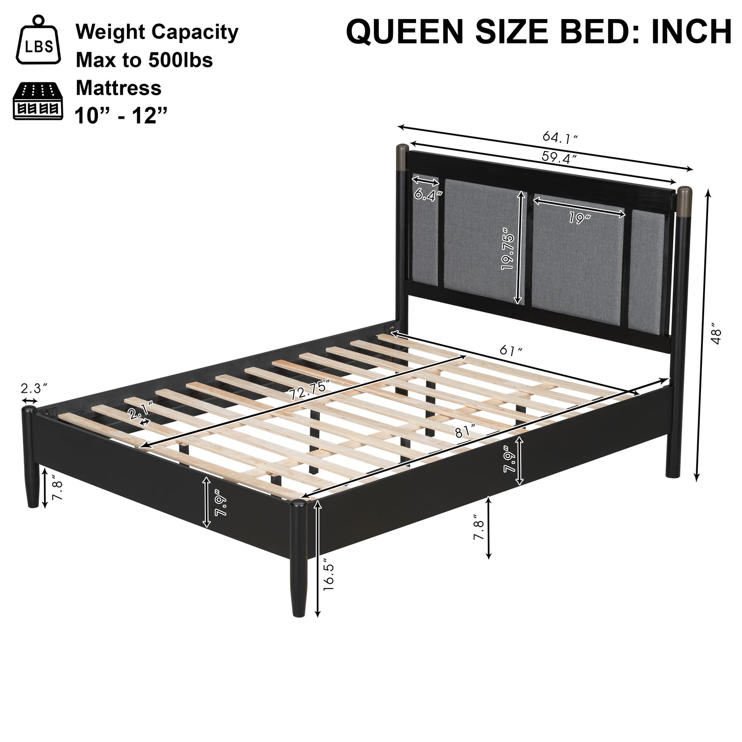 Solid Wood Queen Bed with Upholstered Headboard - Heavy Duty Support