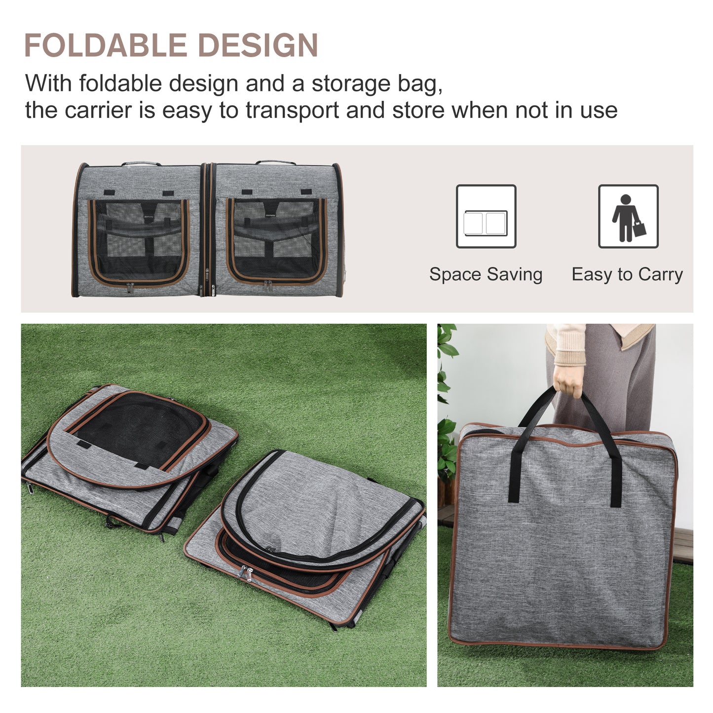 39-Inch Portable Soft-Sided Cat Carrier with Divider & Storage Bag - Light Gray